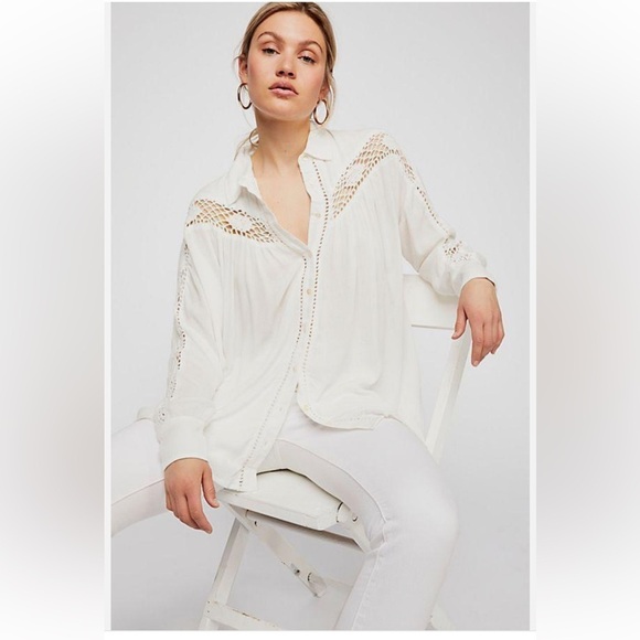 Free People Tops - Free People Katie Bird White Lace Inlet long sleeve button down top size XS
